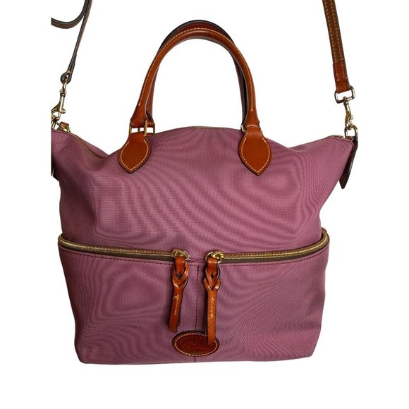 Dooney & Bourke Mauve Nylon Large Pocket Satchel Purse Crossbody Leather - Picture 1 of 9